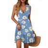 Women's Dress V-neck Sleeveless Casual Floral Print Hem Pleated Dress