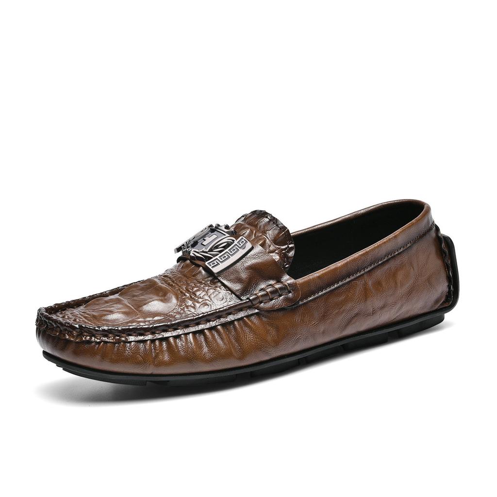 Crocodile pattern beanie shoes lazy driving shoes British casual men's leather shoes genuine leather H