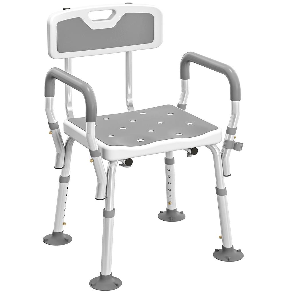 Sedia da doccia imbottita in EVA per anziani e disabili, sgabello da doccia regolabile in altezza con schienale e braccioli, 4 piedini a ventosa, grigio chiaro