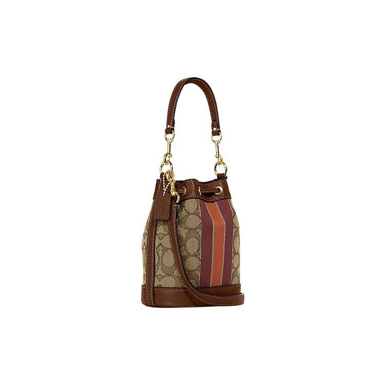 Coach Dempsey 14 Letter Logo Stripe Classic Print Fabric And Leather Bucket Bag Women bags Elephant-Gray Brown C8322-IMVGB