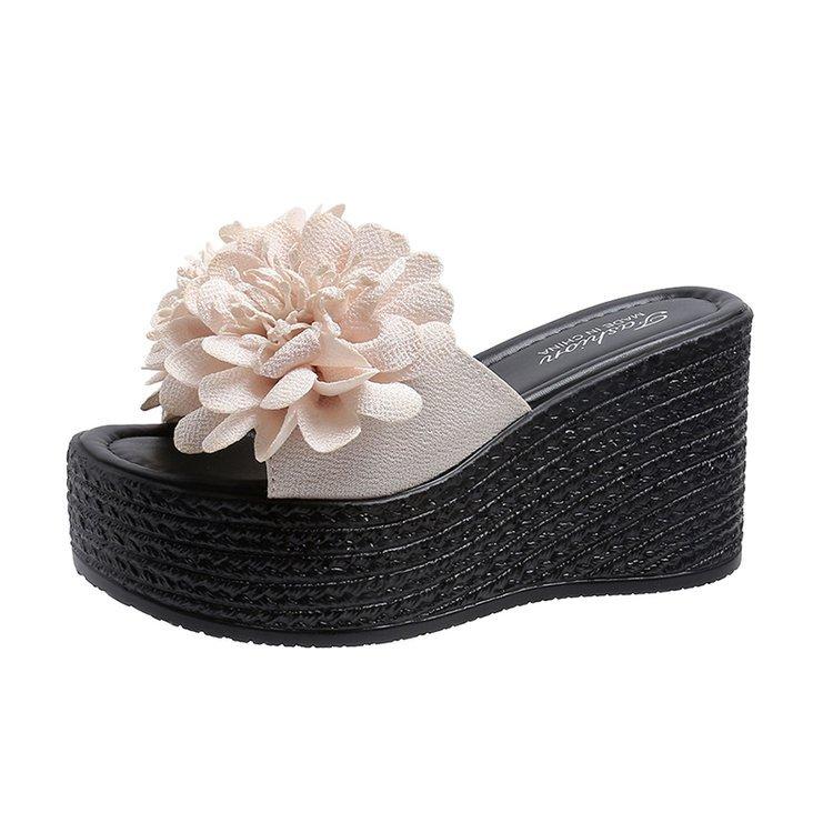 New European and American one-word muffin slippers wedge heel thick bottom large size high heel cool slippers