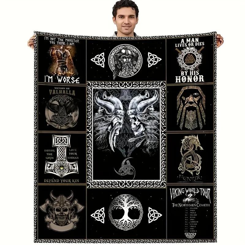 1pc Viking Splicing Print Flannel Blanket, Soft Cozy Throw Blanket Nap Blanket for Bed Office Home Birthday Holiday Gift Blanket