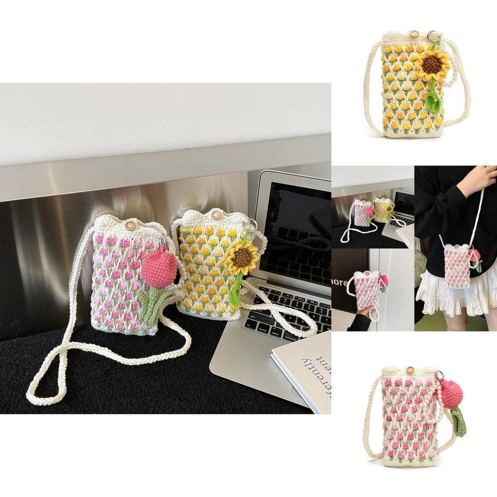 Urban Minimalist Knitted Crossbody Bag With Floral Embroidery And Single Strap For Daily Use