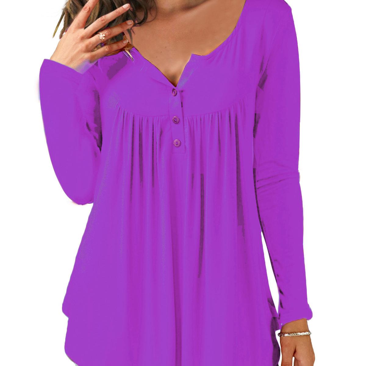 

Женские повседневные свободные футболки с длинными рукавами, однотонные плиссированные туники на пуговицах, топы с v-образным вырезом, женские пуловеры, топы, летняя одежда 4XL фиолетовый