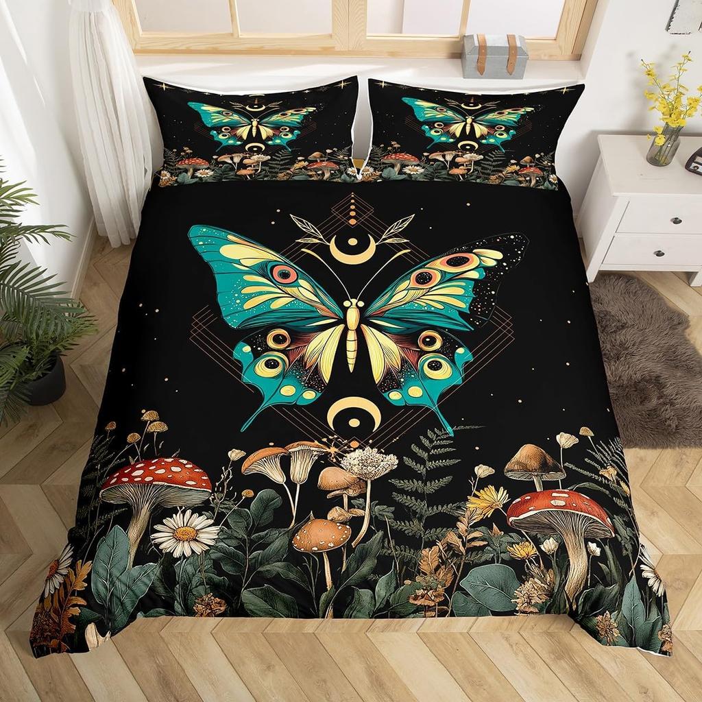 Boho Butterfly Duvet Cover Twin King,Star Moon Starry Sky Galaxy Bedding Set For Boy Girl,Cute Mushroom Daisy Flower Quilt Cover