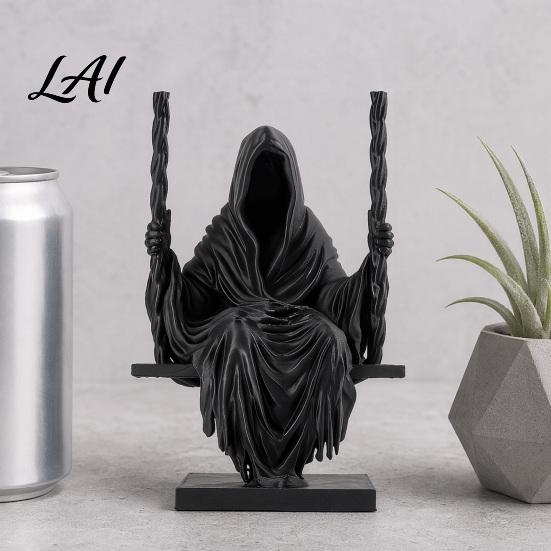 Three-dimensional Pleated Body 3D Printed Sitting Reaper Statue Faceless Man In Black Robe On Ornament Swing Figurine Gothic Cloak Sculpture