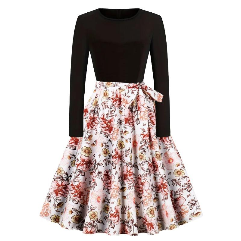 

Осенне-зимняя новая ретро женская одежда круглый вырез длинный рукав черное платье-маятник с принтом XXL