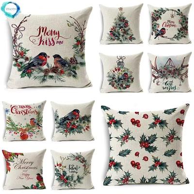 45*45Cm Merry Christmas Cushion Cover Birds Garland Pillowcase Single Sided Print Polyester Sofa Pillow Case For Home Xmas Decor