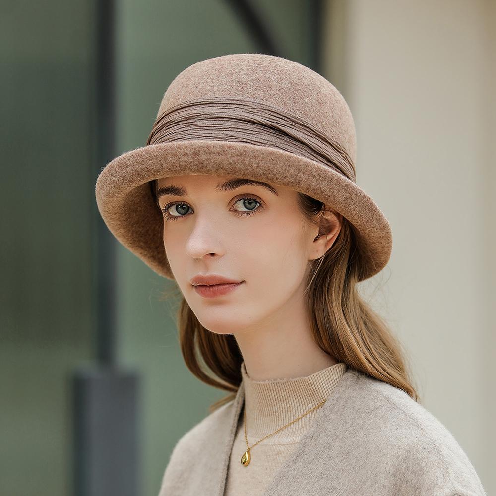 Women Party Formal Headwear Bucket Hat Lady Winter Fashion Asymmetric Ribbon Bowknot 100% Wool Felt Hats