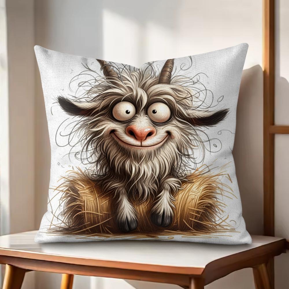 Spooky Goat Face Cushion Cover Natural Linen Organic Fabric DoubleSided Printing Couch Pillow Covers Home Decor Gift