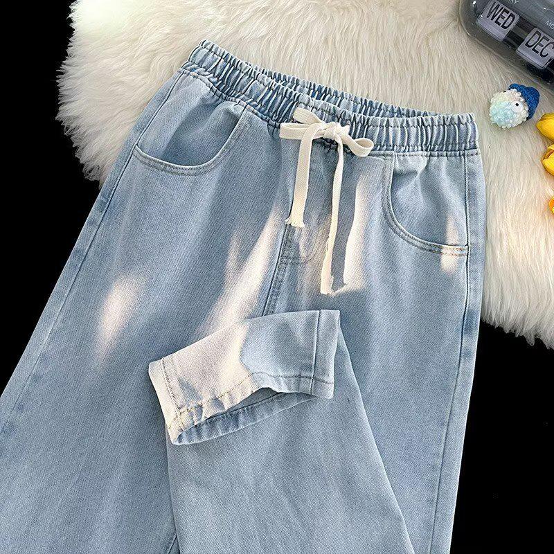 Pantaloni in Denim Elasticizzati a Vita Alta Taglie Forti Donna Primavera Estate - Dimagranti Dritti Larghi a Gamba Larga Lunghezza Pavimento