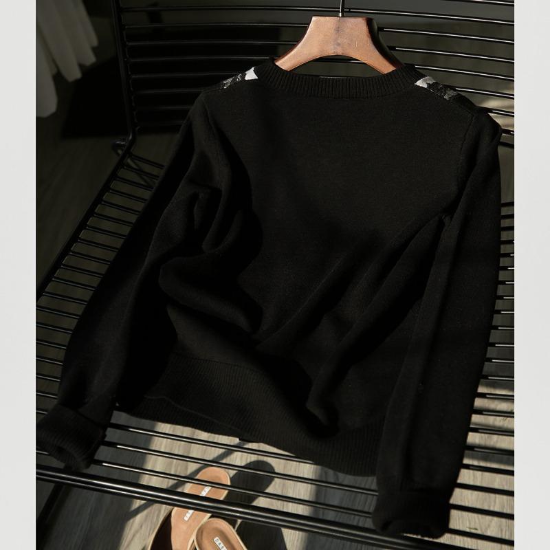 Spring Autumn Round Neck Lace Patchwork Single Breasted Knitting Coat Women Long Sleeve Cardigan Top