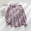 Primavera e outono camisa feminina moda casual com capuz cor bloqueando camisa xadrez