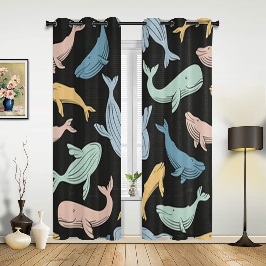 Colorful Whales Window Curtains For Living Room Luxury Bedroom Decor Drapes Kitchen Window Treatments Curtains
