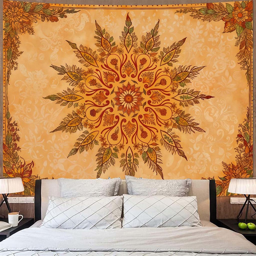 Bohemian Mandala Floral Tapestry | Flat Printed Large Retro Indian Style Orange Yellow Flower Wall Hanging For Bedroom Dorm