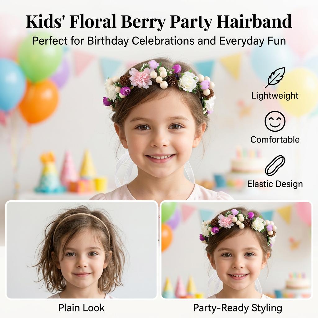 Floral Berry Wreath Hairband for Kids Lightweight Comfortable Nature Style Accessory