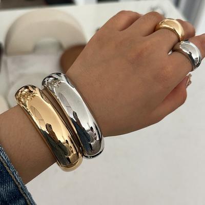 Exaggerated Punk Hip Hop Smooth Metal Spring Bangles Vintage Fashion Gold Copper Color Bangles For Women Men Bracelets Jewelry