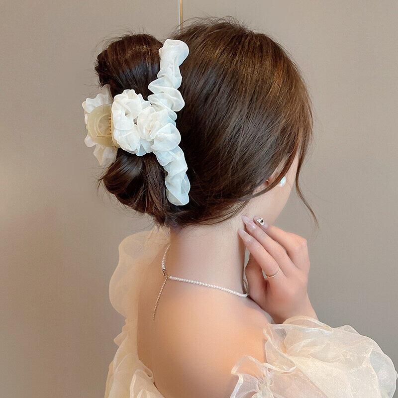 

Модная большая супер фея плиссированная сетчатая заколка для волос, женская заколка для волос на затылке, ложка, заколка для волос, пожилая женщина, девушка, заколка в виде акулы, головной убор белый