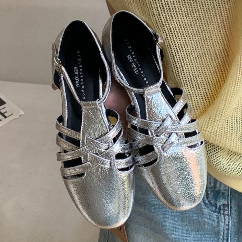 

Fashion High Quality Faux Suede Flat Sandals Women Fashion Narrow Band Buckle Roman Shoes Comfortable Round Toe Brand Designer Shoes 35 серебряный