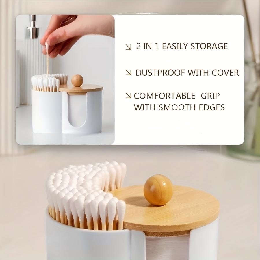 2-in-1 one-piece cotton swab box with wooden cover, makeup remover cotton storage box, desktop with cover, double-hole round combination storage can.