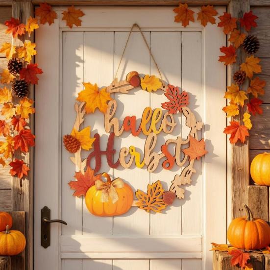 Maple Leaf Pumpkin Ornament Autumn Harvest Wooden Wreath Pendant, Front Door Hanging Ornaments with Hemp Rope, Natural Wood Seasonal Sign Pumpkins