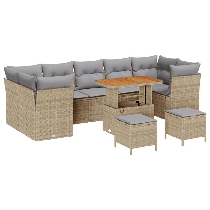 Set de canapé de jardin 10 pièces avec coussins beige poly rotin acacia, Set de salle à manger de jardin 3 pièces 3361472