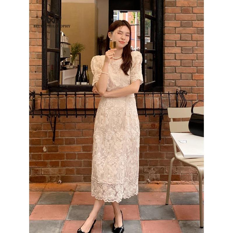 Summer New French Style Elegant Round Neck Embroidered Dress Short Sleeve Dress Women Elegant Party Dress
