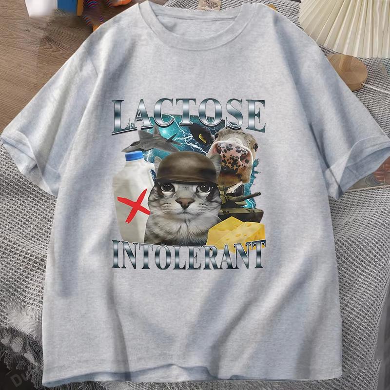 Funny Lactose Intolerant Funny Cat Meme Print TShirt Women Retro Fashion Short Sleeve Tshirts Casual Summer Women Unisex Clothing