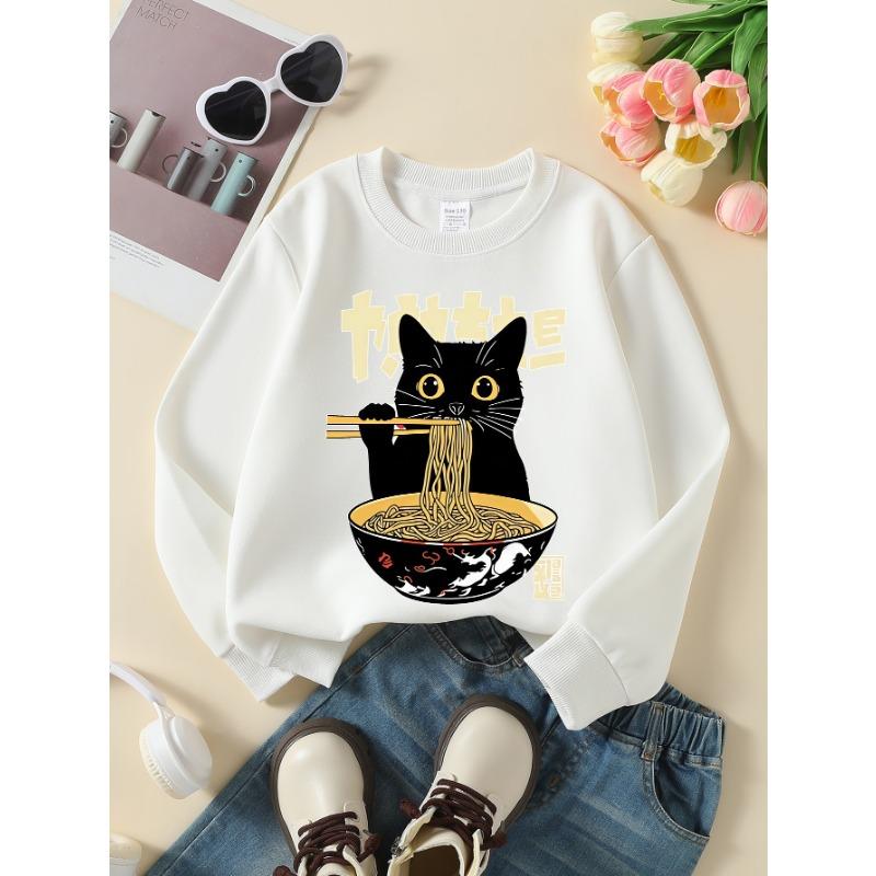 European sizes Girls' Long-Sleeve Round Neck Sweatshirt "Black Cat Eating Noodles" Print, Spring/Autumn, Casual, Daily & Sports.