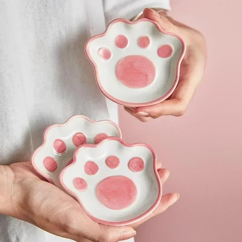 2026 Japanese Cute Cat's Paw Taste Dish Ceramic Cartoon Dessert Plate Soy Fruit Sauce Dish Seasoning Bowl Household Dip Dishes