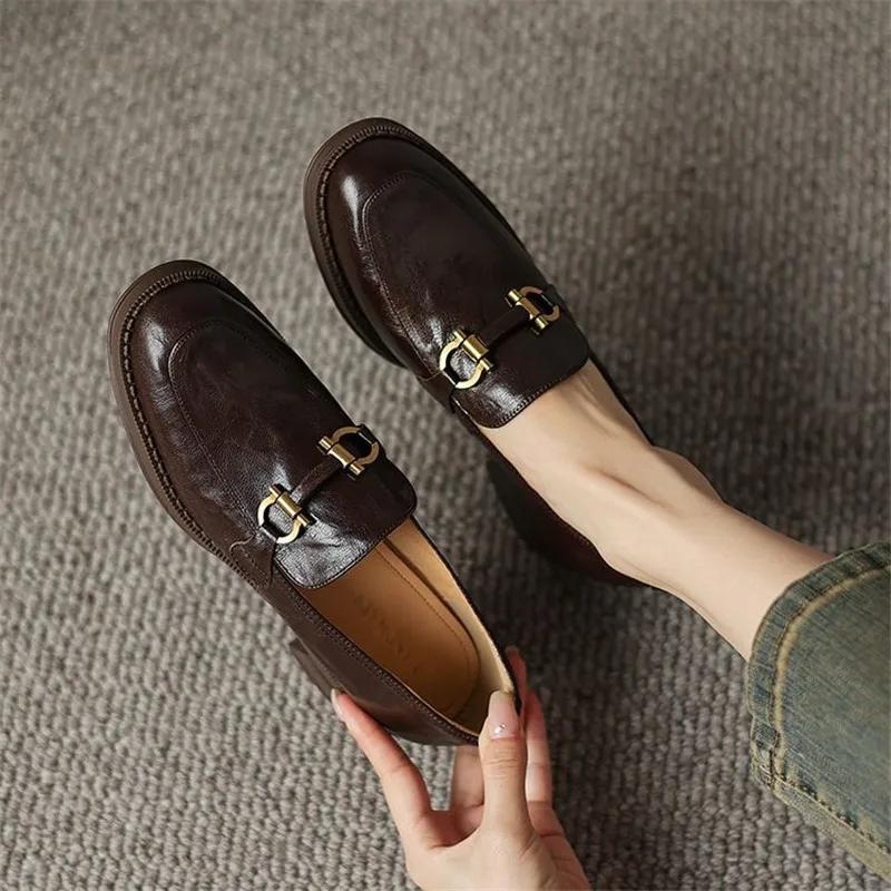 Fashion New Spring Sheep Leather Woman Shoes Round Toe Women Pumps Shoes for Women Chunky Heel Loafers Fashion Retro Casual Shoes
