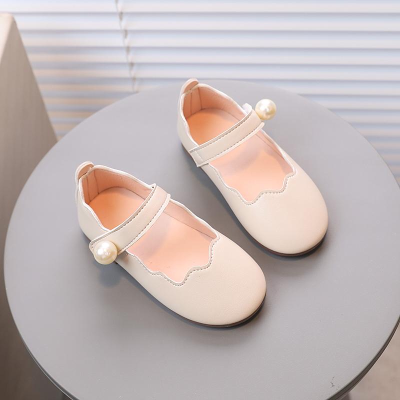 Girl's Mary Janes Pearl Shallow Black Beige Pu Leather Children Princess Shoes Four Seasons 21-30 Flexiable All-match Kids Flats