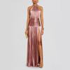 Stazione Indipendente Donna Vestito Pieghettato Colore Metallico con Spacco e Collo a Cravatta Senza Maniche Schiena Scoperta