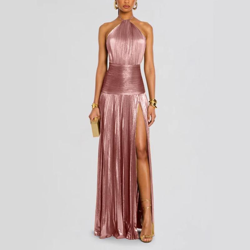 Stazione Indipendente Donna Vestito Pieghettato Colore Metallico con Spacco e Collo a Cravatta Senza Maniche Schiena Scoperta