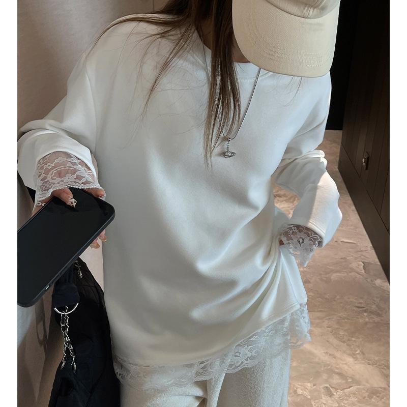 Lace Splicing Long-sleeved T-shirt Women's German Velvet Thickened Casual Inner Top Loose Bottoming Shirt