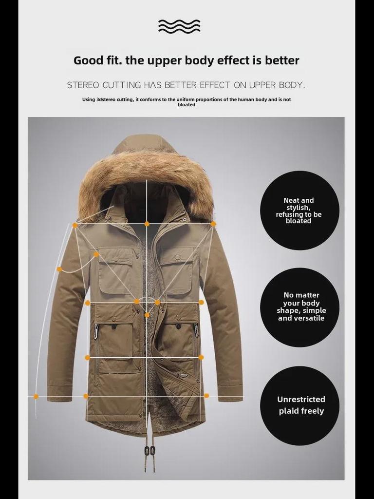 Men's Mid-Length Cotton Windbreaker with Velvet Lining - Thick, Warm, Large Size for Autumn and Winter