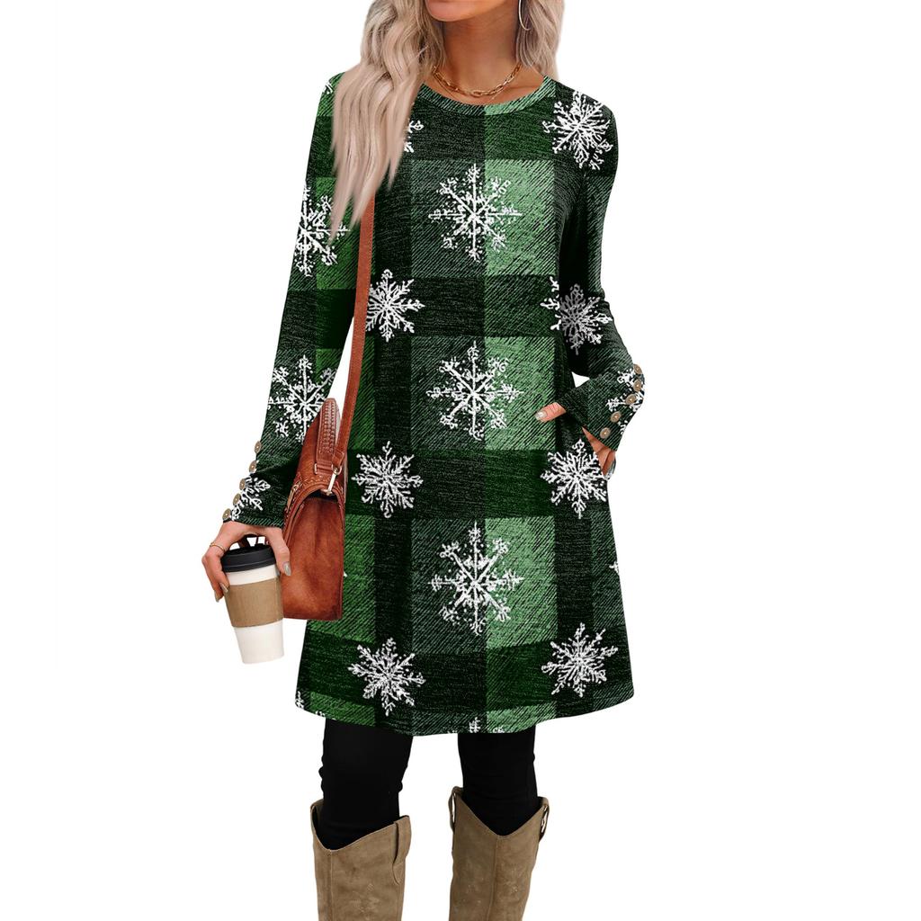 Damenmode Freizeitkleid mit Taschen, dekorativen Knöpfen, Rundhalsausschnitt und langen Ärmeln