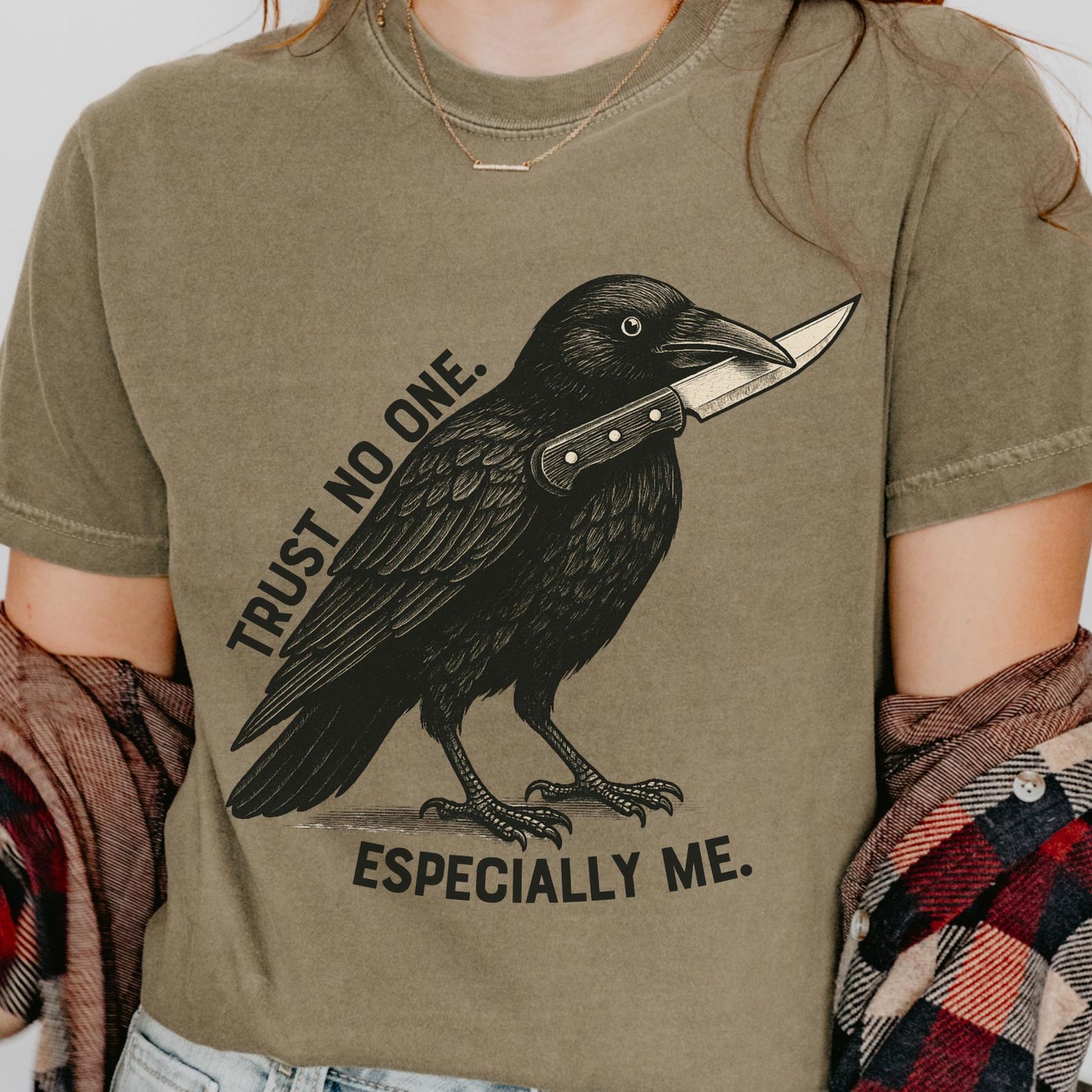 Gothic Crow Shirt: Trust No One Funny Graphic Tee M