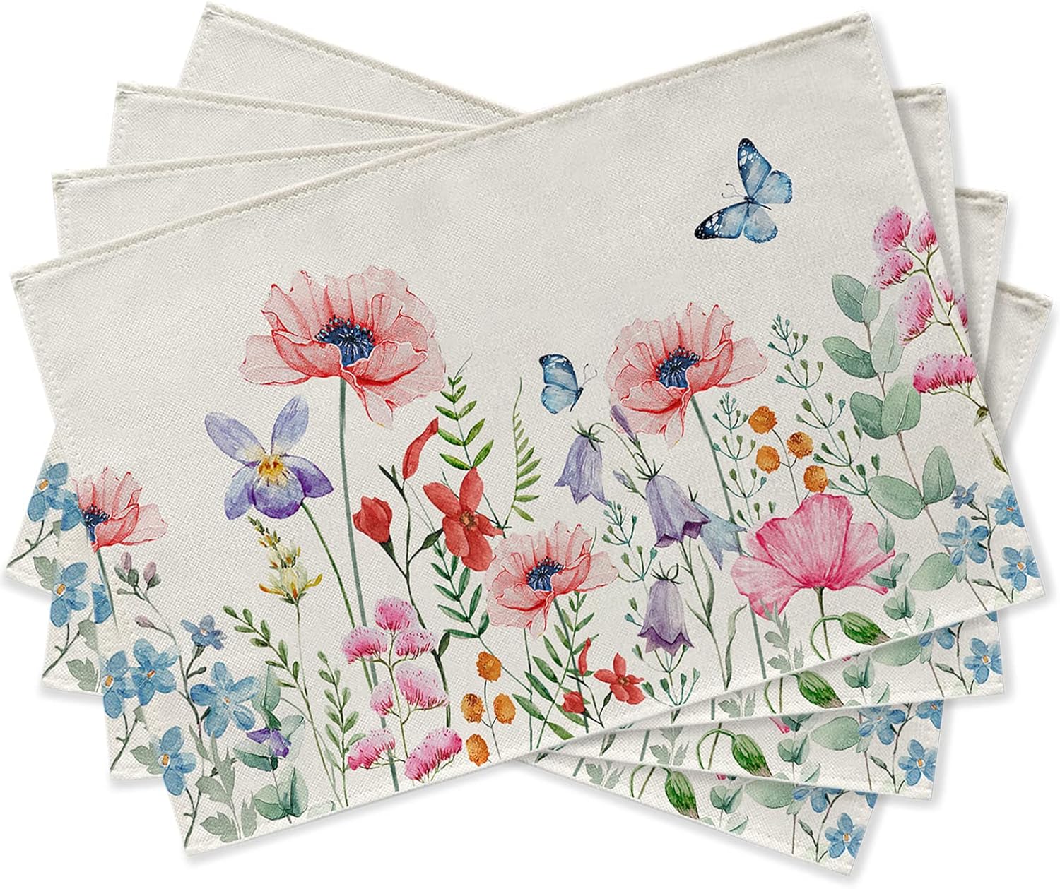 

Spring Anemone Flower Placemats Set of 4, Watercolor Pink Floral Butterfly Dining Table Place Mats Home Kitchen Decor, Summer Seasonal Washable 4Pcs