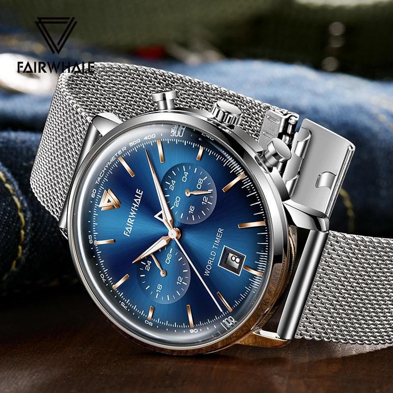 Mark Fairwhale Men's Quartz Watch Blue Dial Luminous Hands Stainless Steel Milanese Band Waterproof Business Wristwatch for Men