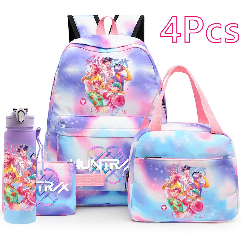 4Pcs/set Cartoon K-Pop Printed Backpack Handbag Pencil Case with 750Ml Water Bottler for Teenager Boy Girl Schoolbag Large Capacity Bookbag Mochila