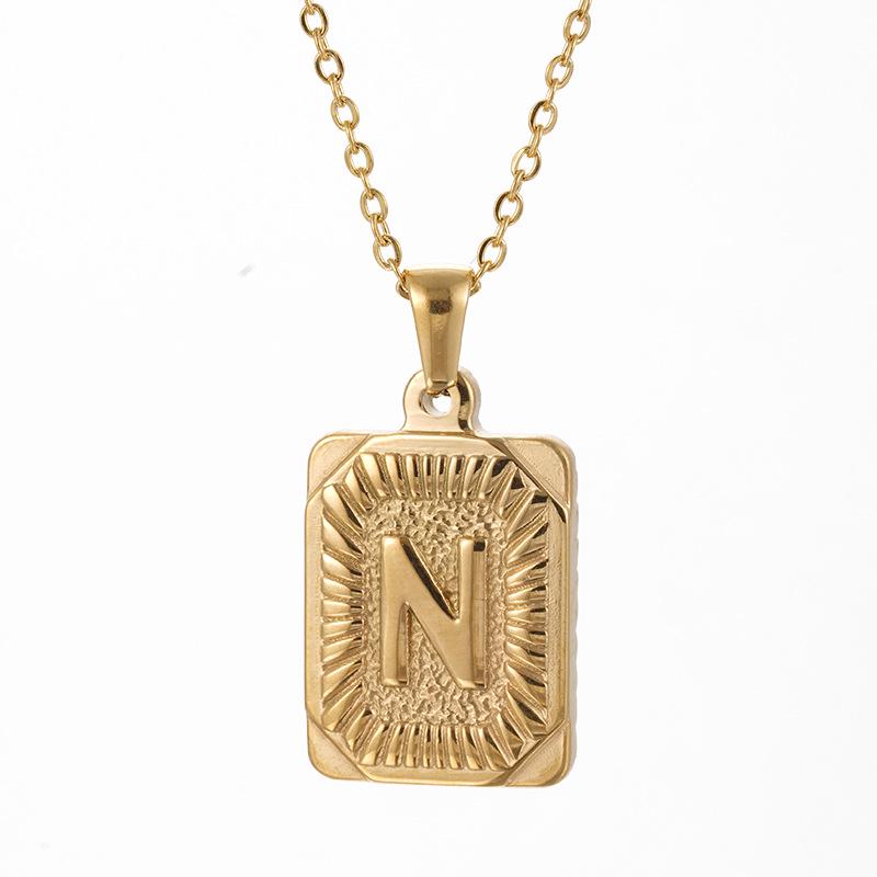 Men's 18K Gold Stainless Steel Square Pendant Necklace with Titanium Steel Uppercase English Letters