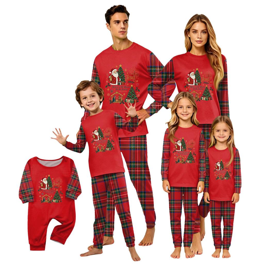 Christmas-print long-sleeve and long-pant matching family loungewear set