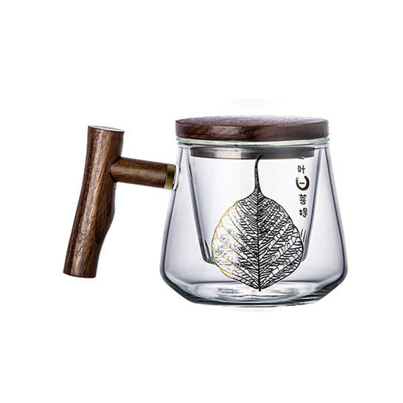 Szklany kubek do herbaty Zen Liść Bodhi 400 ml, złocony, z zaparzaczem i drewnianą rączką pokrywki, kubek do herbaty kwiatowej do biura, do oddzielania herbaty