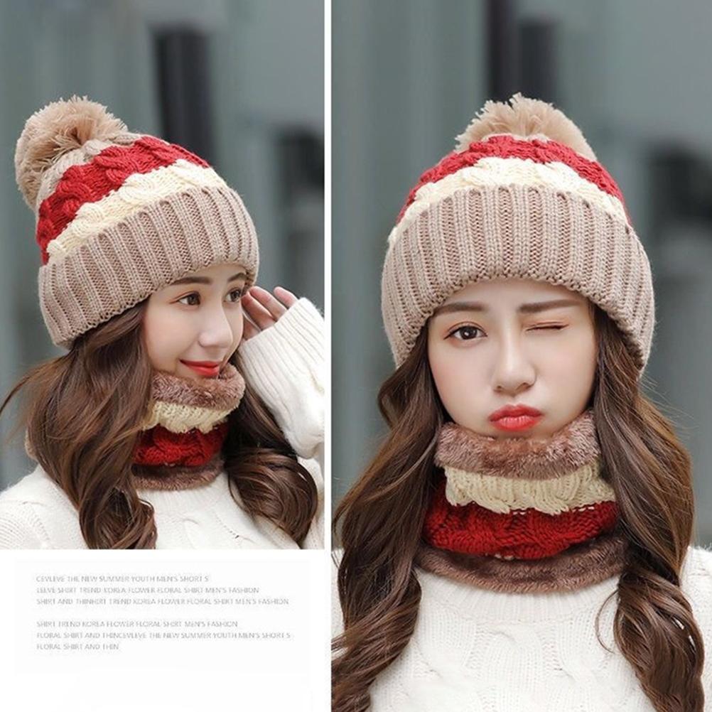 Women Winter Knitted Hat Scarf Set Fleece Lined Beanie Earflap with Pompom Thick Thermal Hat Neck Warmer for Outdoor
