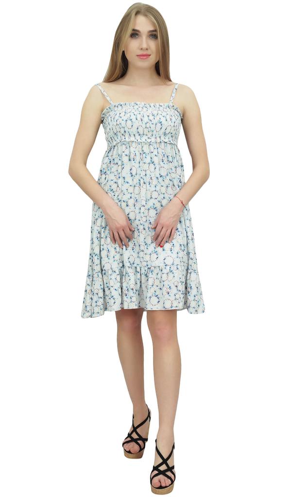 Bimba Women's Rayon Short Casual Dress Off White Shibori Printed Dresses -