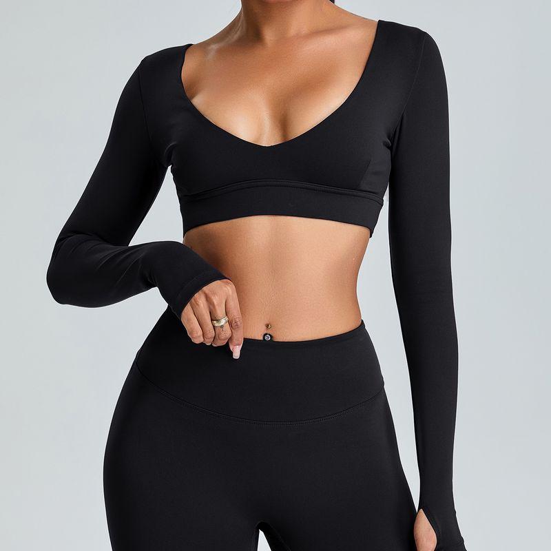 

Fall and Winter New Arrival Sexy V-neck Long Sleeve Yoga Wear Female Sense Sports T-Shirt Slim Looking Outdoor Workout Clothes Tops Black L