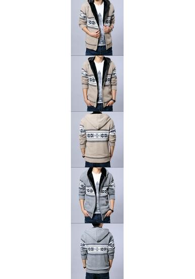 Men's Plus Size Hooded Zipper Knit Fleece Cardigan - European & American Style Sweater Coat Outerwear