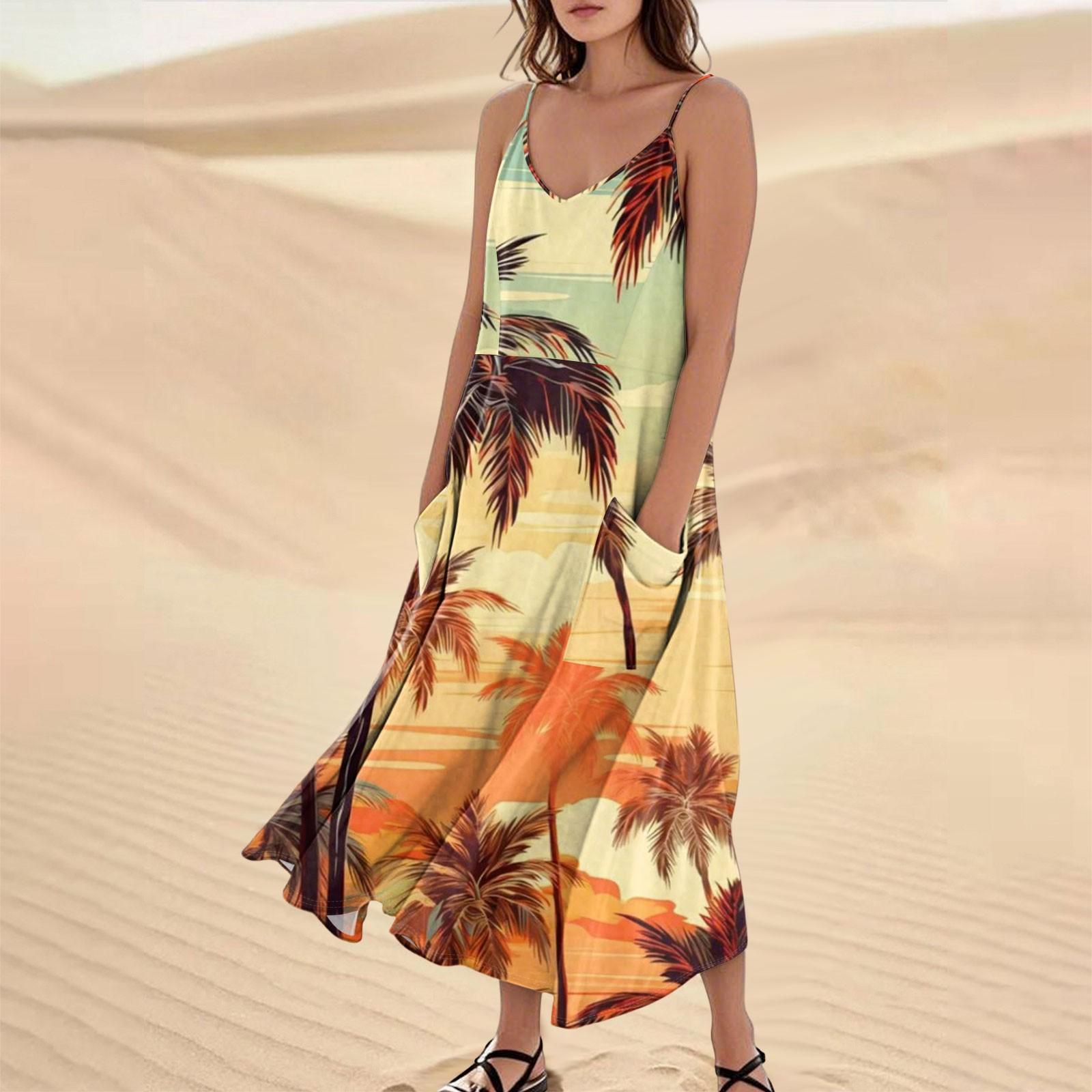 

Женское повседневное платье на бретелях с V-образным вырезом, гавайским принтом, без рукавов и с карманом XL шафрановый