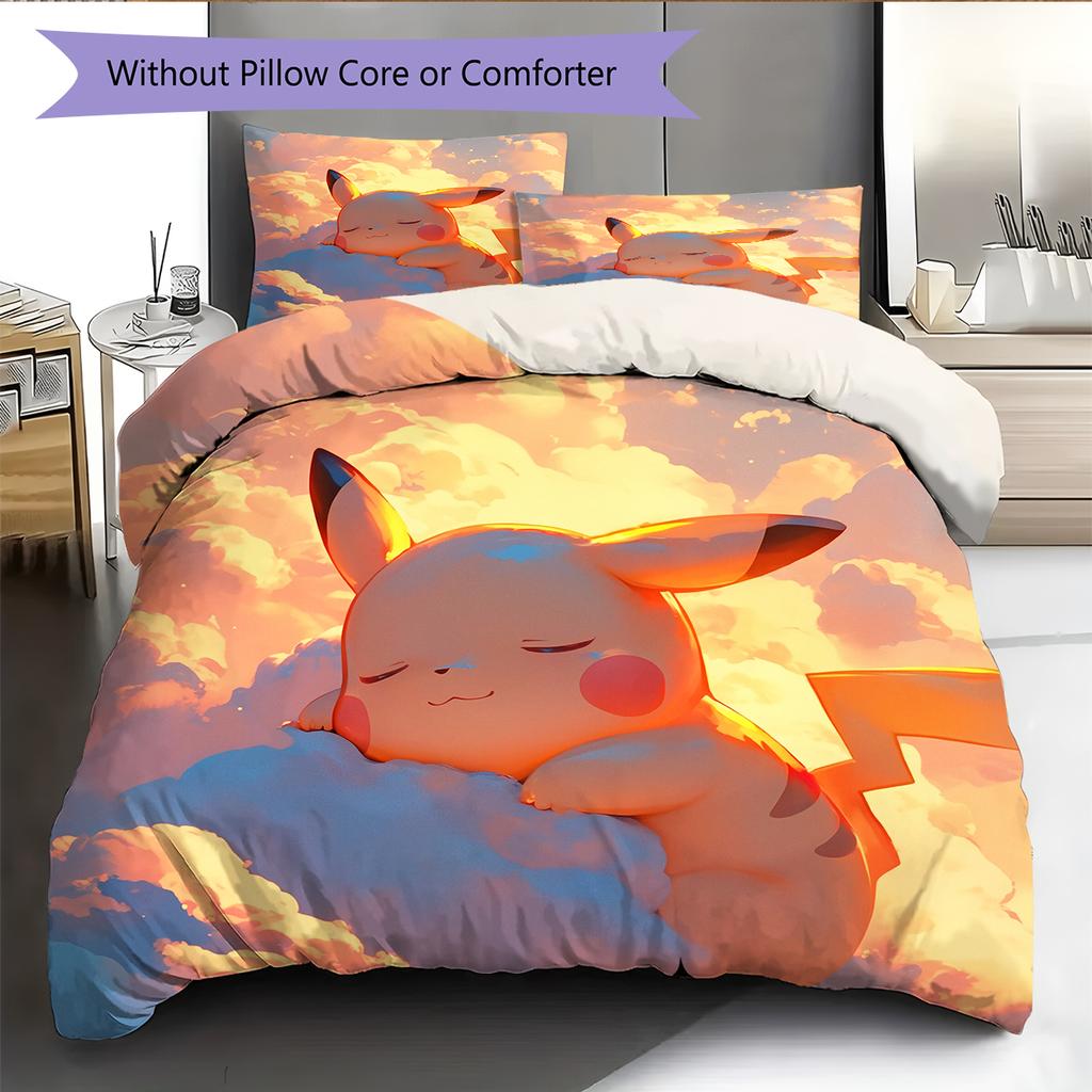 Pikachu Muster Bettwäsche Heimdekoration Geburtstagsgeschenk (1 Bettbezug + 2 Kissenbezüge, ohne Füllung)